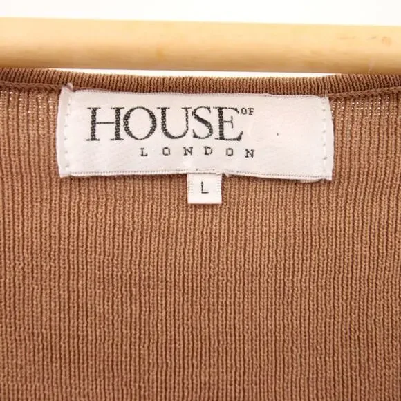 House of CB London Maxi Dress Tan Nude Ribbed Long Sleeve Slit Scoop Neck Large - Picture 9 of 11